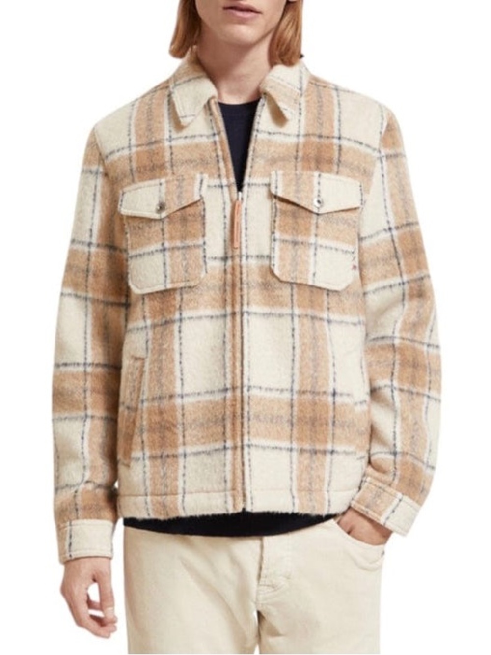Worn once - Men’s Scotch & Soda Wool Blend Check Zip Overshirt - Camel - M
